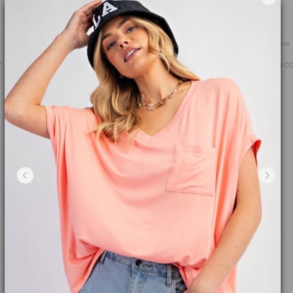 NWT EASEL Peach Oversized V Neck Tunic Top Pocket High Low Hem